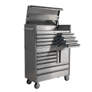 Stainless steel tool chest with multiple open drawers and a top lid, on casters. The sleek, organized design suggests functionality and durability.