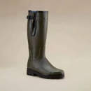 Le Chameau green wellington boot shown at an angle, featuring an adjustable side gusset and black treaded sole.