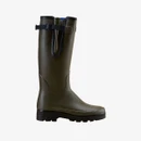 Side view of a Le Chameau tall green wellington boot with adjustable gusset and rugged black treaded sole.