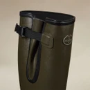 Close-up of a Le Chameau green wellington boot highlighting the adjustable gusset, calf strap and branded badge.