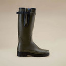 Le Chameau tall green wellington boot shown from the side with adjustable gusset, calf strap and black lugged sole.
