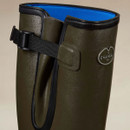 Close-up of a Le Chameau green wellington boot showing the adjustable side gusset, strap and branded badge.