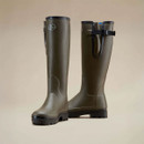 Front and rear view of Le Chameau women’s olive green tall wellington boots with adjustable calf gusset and black sole.