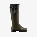 Side profile of a Le Chameau women’s olive green tall wellington boot with adjustable calf gusset and chunky black outsole.