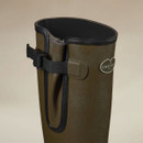 Close-up of a Le Chameau women’s olive green wellington boot showing the adjustable calf gusset, strap and branded badge.