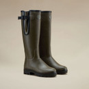 Le Chameau women’s olive green tall wellington boots with adjustable calf gussets and rugged black treaded soles.