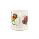 The back view of the floral mug showing the handle and detailed illustrations of dahlias and tagetes.