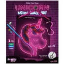 Neon wall art kit for kids featuring a unicorn design on a brick background. Includes five color markers and three glow modes: solid, blink, and strobe.