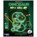 Packaging for a "Make Your Own Dinosaur Neon Wall Art" kit. Features a colorful dinosaur design with glow modes and markers for ages 8+, set against a brick wall backdrop.