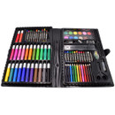Art set with various coloured markers, pencils, and crayons neatly arranged in a black plastic case. Items include paints, rubber, scissors, and clips.