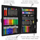 Art set case with various supplies: wax crayons, felt-tip pens, oil pastels, coloured pencils, watercolours, scissors, and paper clips, arranged neatly.