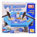 Box cover of "Penguin Peril" game, showing a playful penguin on a hexagonal icy platform. Two hammers appear to break the ice. Ages 3+, 2–4 players.