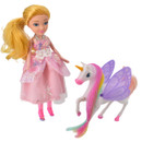 A blonde doll in a pink dress with sequins stands beside a white unicorn with rainbow mane, purple wings, and a golden horn. Magical and playful.