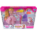 Toy set with a blonde doll in a pink sparkly dress and a white unicorn with purple wings, set against a pink castle backdrop. Colourful accessories included.