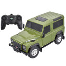 A green toy Land Rover with realistic details and black windows is paired with a sleek, black remote control. The tone is playful and adventurous.