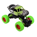 A toy monster truck with bright green wheels, a camouflage-patterned body, and red wheel rims. It has a dynamic, rugged design emphasizing playfulness.