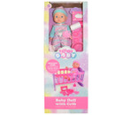 Packaging for a baby doll with a crib. The box features a doll in pastel clothing, a rocking crib, and various accessories. Bright, playful design.