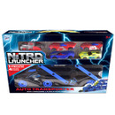 Box of toy cars titled "Nitro Launcher." Features a red truck, four colourful racing cars, and a transporter with dynamic lightning graphics. Exciting and vibrant.