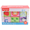 Colorful Fisher-Price Bath Blocks set of six. Features cute animal faces, numbers, and patterns in a bright box labeled "0+" for ages 0 and up.
