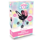 Colourful box for "Lullaby Baby Doll's Folding Pram." The image shows a pink pram with black accents on a pastel background, promoting imaginative play for ages 3+.