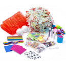 Contents of the Project Craft Mega Jar of Craft displayed, including pom poms, glitter tubes, googly eyes, foam shapes, stickers, beads and colourful crafting materials.