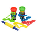 Children’s Dough-Tastic Glow in the Dark Dinosaur play set featuring four pots of dough, dinosaur cutters and yellow rolling pin.