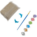Pottery wheel accessories including clay block, paintbrush, colourful paints and small blue shaping tools.
