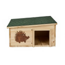 Wooden hedgehog house with slanted green roof and open entrance. A brown hedgehog silhouette decorates the front, conveying a rustic tone.