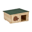 Wooden hedgehog house with a green roof and a carved hedgehog motif, featuring an entrance on the front. Rustic and cosy design.