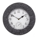 Round wall clock with a textured dark grey frame. It has black hands, black numerals, and a small thermometer gauge inside. Simple and elegant design.