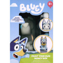 Close-up of Bluey Paint Your Own Money Box packaging showing included Bluey model, six paints, brush and scene for ages 3 and up.