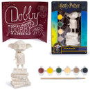 Harry Potter Dobby Model Paint Set featuring an unpainted Dobby figure standing on stacked books, six paint pots, paintbrush, and themed background with the quote ‘Dobby is a free elf’.