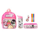 Hello Kitty and Friends Colour Your Own Accessory Set contents displayed, featuring a pink backpack, water bottle, pencil case, keyring and colourful pens for kids to decorate.