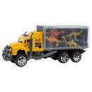 Yellow Dinosaur Transporter toy truck with detachable trailer containing colourful dinosaur figures — imaginative vehicle and dinosaur playset for young children.