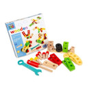 Play Hub Wooden Construction Set featuring colourful wooden blocks, bolts, tools, and connectors — creative building toy for kids aged 3 and above to develop motor skills and imagination.