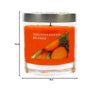 Mediterranean Orange fragranced candle with silver lid, labelled and measured 12 cm tall by 8 cm wide, filled with bold orange wax symbolising fresh citrus vibrancy.