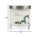 Fresh Eucalyptus fragranced candle with silver lid, measured 9.8 cm tall by 9 cm wide, white wax and leafy label suggesting a refreshing herbal fragrance.