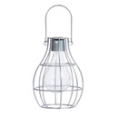 A metallic wire lantern in a bulb shape with a handle, enclosing a clear glass bulb. The modern design exudes simplicity and elegance.