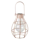 Copper wire lantern in teardrop shape, enclosing a glass bulb. Minimalist, industrial design with a handle. Sleek, modern, and elegant.