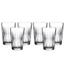 Six clear crystal glasses with intricate vertical cuts, arranged in two rows against a white background. The design exudes elegance and sophistication.