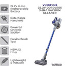 Image of VL30Plus 22.2V Cordless 3-in-1 Vacuum Cleaner, blue and silver design. Features include rechargeable battery, detachable handheld, cyclonic suction, crevice tool, HEPA 13 filter, lightweight and portable.
