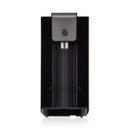 Sleek black water dispenser with a metallic spout and logo on the top. Its modern, minimalist design exudes elegance and functionality.