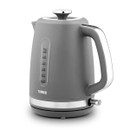 Sleek gray electric kettle with a clear water level indicator, ergonomic handle, and metallic accents, exuding a modern and functional design.