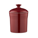 Red ceramic canister with a glossy finish, circular lid, and knob handle. The smooth surface reflects light, creating a sleek, elegant look.