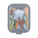 Top view of a Kilner glass food storage container with a grey lid decorated with colourful vegetables including carrots, asparagus, beetroot, and broccoli, labelled ‘Kilner Fresh Storage’.