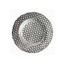 Round stainless steel drain cover on a white background.