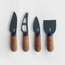 Top-down view of a four-piece cheese knife set featuring grey blades and smooth wooden handles, designed for cutting and serving different types of cheese.