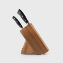 Side profile of a wooden knife block holding two black-handled kitchen knives, highlighting its compact, slanted design.