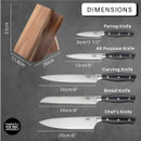 Image showing the dimensions of the Taylor’s Eye Witness five-piece knife block set, including a wooden block measuring 22 cm high, 20 cm deep, and 11.5 cm wide, plus knives: 9 cm paring knife, 12 cm all-purpose knife, 20 cm carving knife, 20 cm bread knife, and 20 cm chef’s knife, each with black riveted handles.