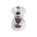 Transparent acrylic pepper mill filled with whole peppercorns, featuring a rounded cap with a silver knob engraved with the letter ‘P’.